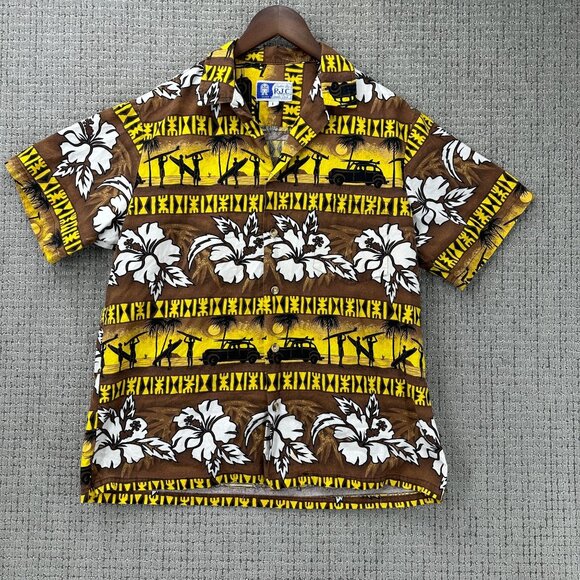RJC Vintage Hawaiian Mens Shirt L Yellow Brown Button Down Floral Surfing - Picture 1 of 8